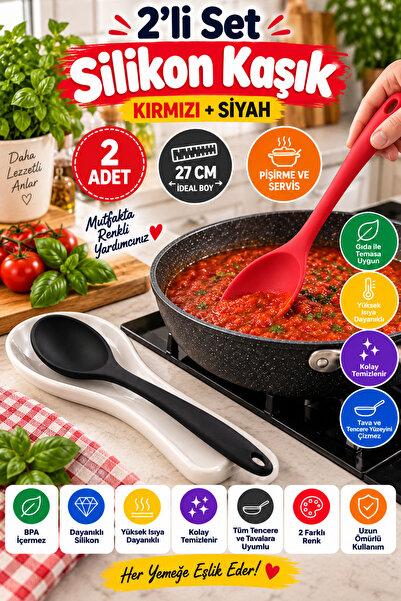 OpenCity Set of 2 Red and Black Large Size Silicone Spoons 27 cm Kitchen Cook...