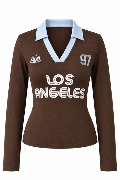 Mixray 2245 Women's Polo Collar Los Angeles Printed Long Sleeve Blouse Brown