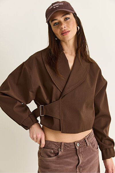 Bianco Lucci Women's Brown Lined Shawl Collar Belt Detailed Crop Oversize Tre...