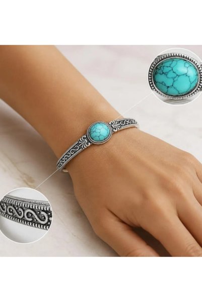 Lunarie Silver Turquoise Natural Stone Antique Handcuff Bracelet - Oxidized Ethnic Handcuff Bracelet with Turquoise Stone - Silver Color Tarnish-Free Steel Vintage Adjustable Bohemian Women's Jewelry
