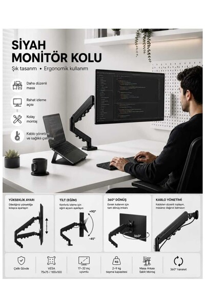 Monitör Kolu Tek Siyah