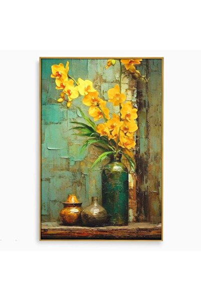 Luxcanva Tablou Canvas Orhidee Galbene in Vaza 100x150 cm cu Rama Auriu Plant...