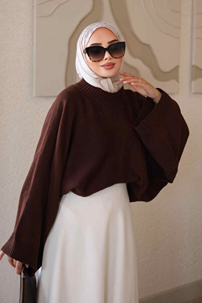 İmajButik Brown Bat Sleeve Oversize Knitwear Sweater