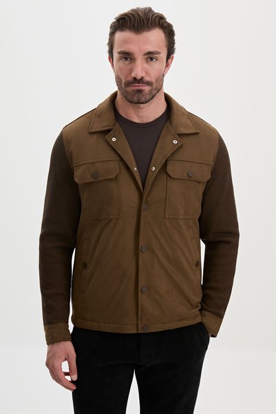 Mcr Slim Fit Shirt Collar Knitwear Suede Snap Fastener Men's Coat Khaki - 396...