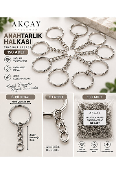 Akçay Aksesuar 150 Adet Zincirli Anahtarlık Halkası Nikel Renk Tel Model