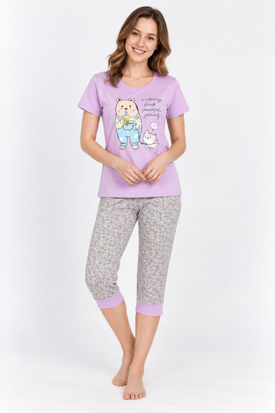 BOYRAZ Pijama pentru Dama cu Imprimeu Ursuleț, pantaloni 3/4
