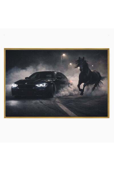 Luxcanva Tablou Canvas Cursa Nocturna 100x70 cm cu Rama Auriu Masina Cal Viteza