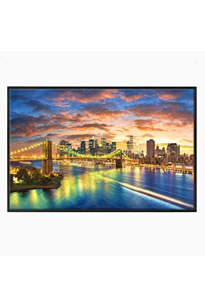 Luxcanva Tablou Canvas Orasul Luminat 150x100 cm cu Rama Negru Oras Pod Apus