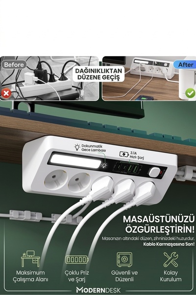 Mmctech 5’li Akım Korumalı Priz 2500w 2 Usb + 2 Type-c Hızlı Şarj Led Gece Lambalı Dokunmatik Beyaz