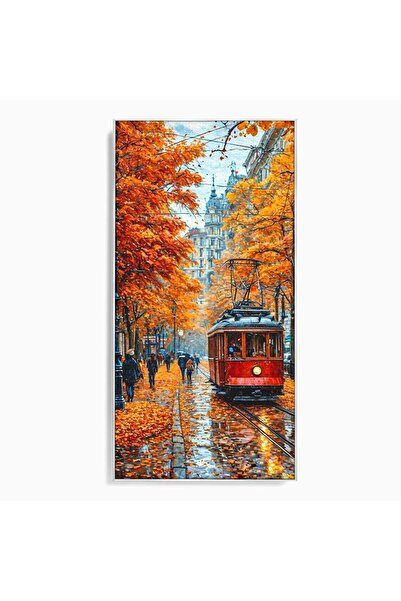 Luxcanva Tablou Canvas Tramvai De Toamna 50x100 cm cu Rama Argintiu Sine Cala...