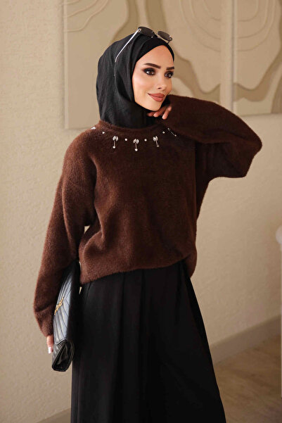 İmajButik Brown Crew Neck Stoned Angora Soft Knit Sweater
