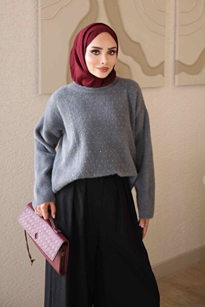 İmajButik Smoked Crew Neck Stoned Angora Soft Knit Sweater