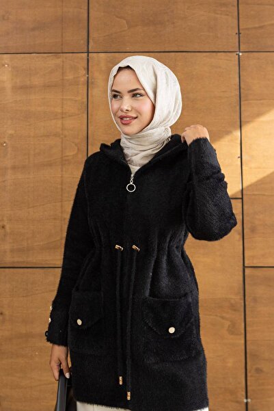 B.T.L. LİNE Angora Fermuarlı Kapüşonlu Bağlamalı Triko Ceket Hırka