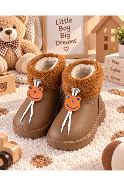 RoseVeno Waterproof Unisex Tan Children's Eva Rain Snow Boots with Fur Inside