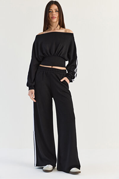 Bianco Lucci Women's Black Boat Neck Stripe Detailed Blouse Palazzo Trousers ...