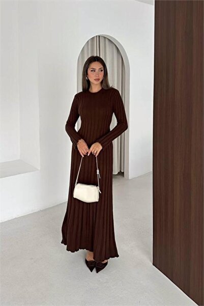 Neşeli Butik Γυναικείο καφέ πλεκτό φόρεμα με κορδόνια, σε κανονικό μέγεθος, μ...