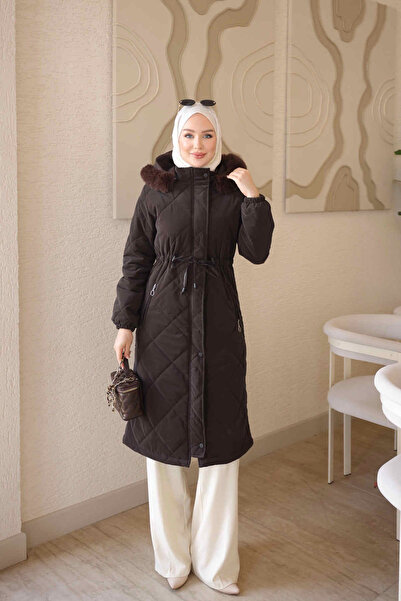 İmajButik معطف نوفا بقلنسوة وحزام خصر بني اللون