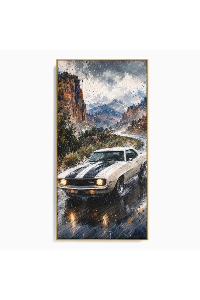 Luxcanva Tablou Canvas Masina In Ploaie 60x120 cm cu Rama Auriu Roti Ploaie P...