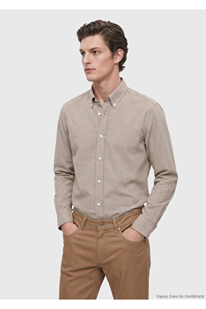 Ramsey Beige Micro Casual Fit Long Woven Casual 100% Cotton Shirt
