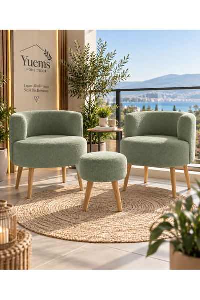 Yuems home Çay Seti (Yeşil Teddy Kumaş) İkili Koltuk Berjer ve Puf Takımı