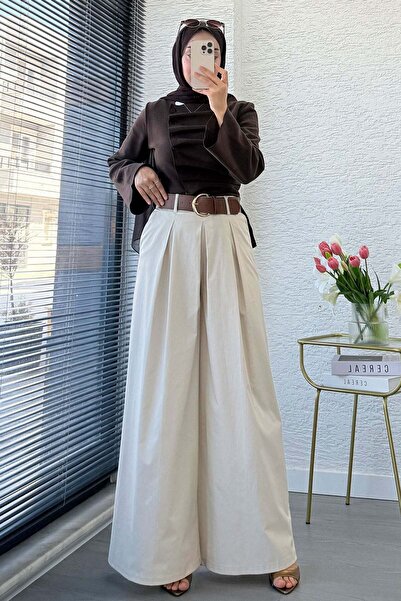 MELEK ARAZ Premium Front Pleated Belted Poplin Palazzo - Stone
