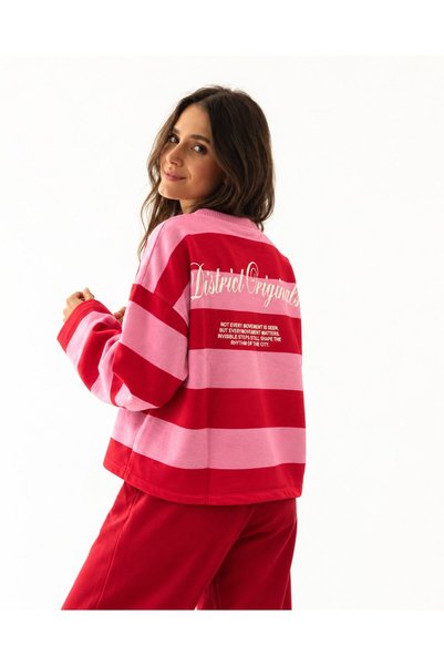 CrepTekstil Women's Pink Red Striped District Originals Printed Oversize Sweatshirt – 3 Thread Without Threaded Edges