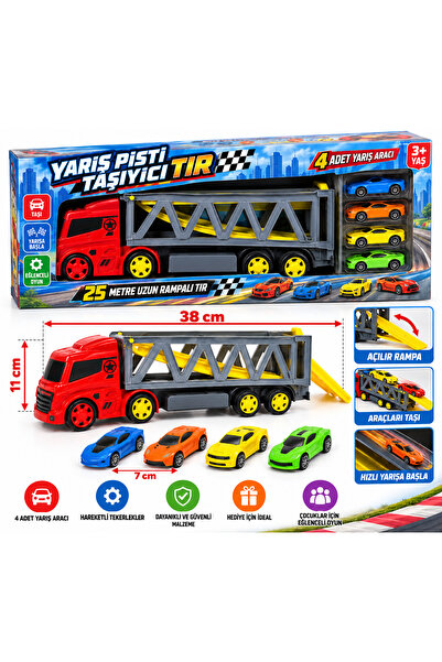 Prlk toys 38 cm Rampalı Taşıyıcı Tır ve 4 Yarış Arabası Seti – Büyük Araba Ta...