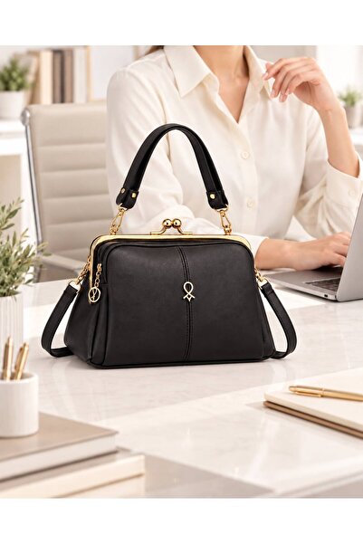 YADE MODA Women's Black Metal Clip Three-Compartment Long Strap Hand and Shoulder Bag