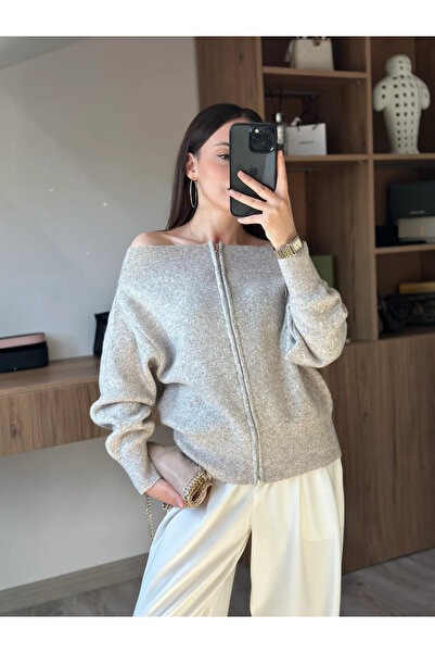 My Blog Beige Off-The-Shoulder Cardigan - 261070