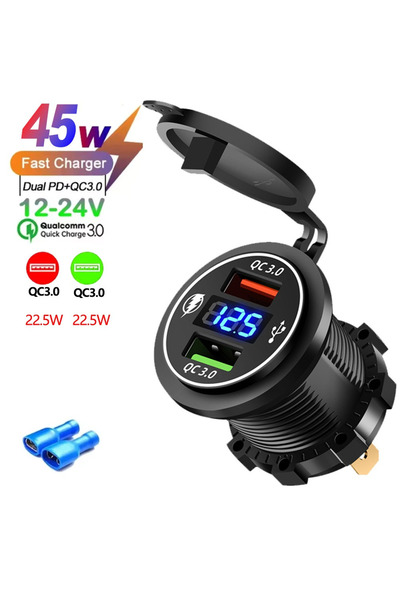 Choice 2 port car charger Dual QC3.0 USB Car Charger with LED Voltmeter, 12-2...
