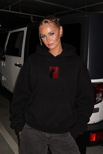The Champ Clothing Kadın Oversize Hoodie Noir Cat Baskılı Siyah – Kapüşonlu, ...