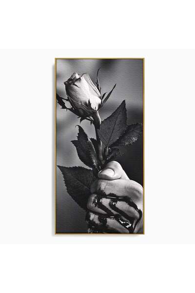 Luxcanva Tablou Canvas Trandafir In Mana 60x120 cm cu Rama Auriu Alb-Negru Co...