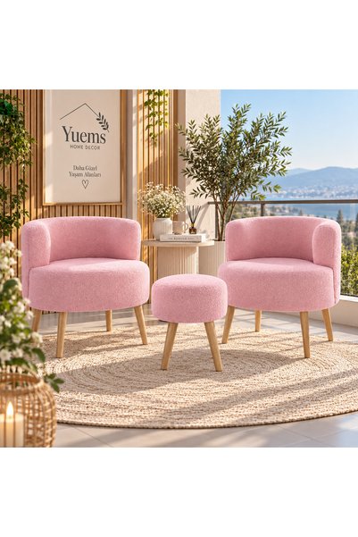 Yuems home Çay Seti (GÜL KURUSUTeddy Kumaş) İkili Koltuk Berjer ve Puf Takımı