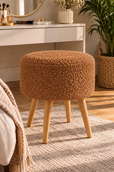ygdecor Bulut Bukle Kumaş Yuvarlak Puf Makyaj Masası Sandalyesi Ahşap Ayaklı ...