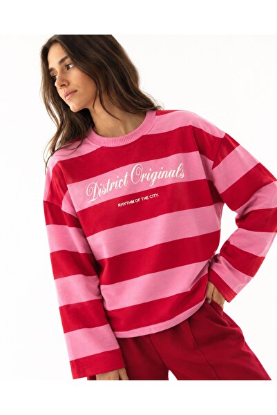 CrepTekstil Kadın Pembe Kırmızı Çizgili District Originals Baskılı Oversize S...