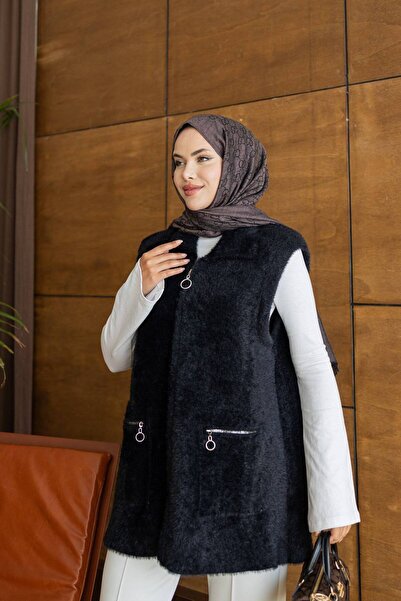 B.T.L. LİNE Angora Yelek Fermuarlı Cepli Tesettür Hırka Yelek