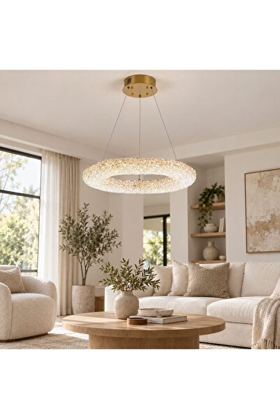 RFAN Candelabru LED RFAN, Model JO-SJD-10, Textură de cristal, Diametru 80 cm, 160W, Auriu
