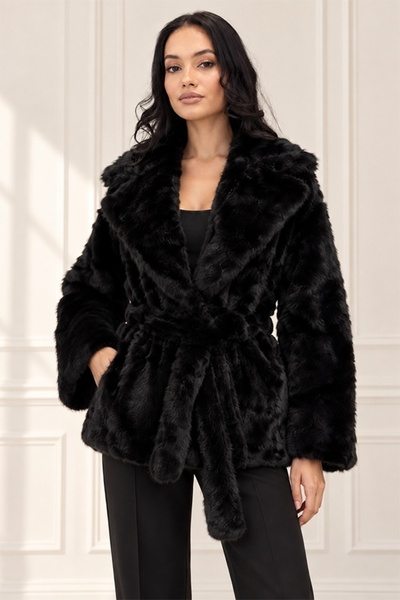 FashionForYou Palton EveLLin din blană artificială cu șnur detașabil, Negru, ...