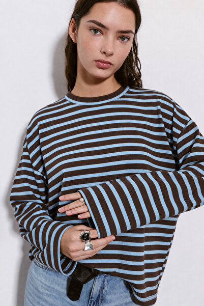 CrepTekstil Kadın Kahve-Mavi Çizgili Basic Bisiklet Yaka Oversize Sweatshirt ...