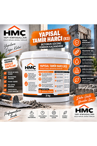 HMÇ Yapı Kimyasalları R3 Yapısal Tamir Harcı 3 KG Yüksek Mukavemetli Beton Çatlak Kolon Kiriş Tamir Harcı