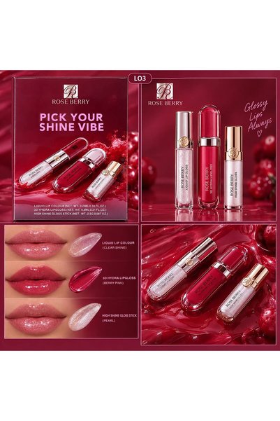 ROSE BERRYY Rose Berry 3-in-1 Lip Shine Set – Liquid Lip Colour, 3D Hydra Lip...