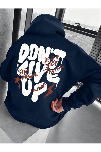 MITHRAS OUTDOORS سويت شيرت بقلنسوة مطبوع عليه Don't Give Up باللون الأزرق الد...