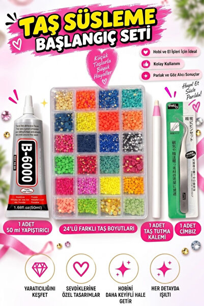 NEON PLUS Bedazzling Kit 24 Renk, Hotfix Ütü İle Yapışan Taş, Yapıştırıcı, Cı...