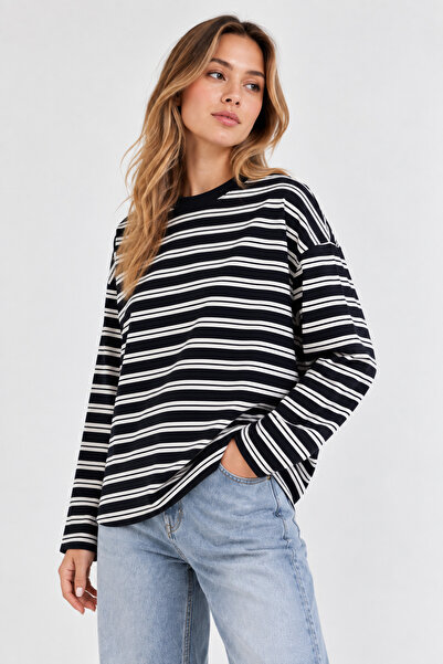 citycenterfashion Women's Crew Neck Striped Interlock Long Sleeve Blouse Cty-...