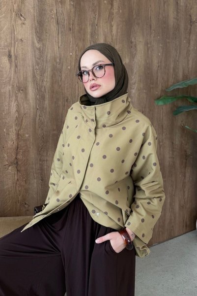 Şule Giyim Polka Dot Trench Coat Oil Green