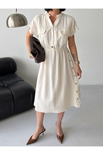 Moodel Women's Midi Dress with Elastic Waist and Snap Detail at the Edges