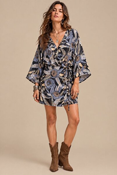 Clandestino Kimono Kollu Mini Anvelop Elbise Gri
