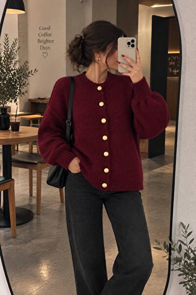 SHEZAN MODA Kadın Bordo Oversize Düğmeli Triko Hırka BB-470024702