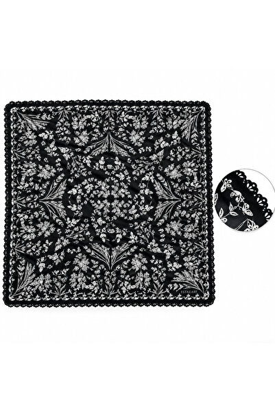 tarzınısec Choose Your Style Black Night Garden Patterned Lace Embroidery Cut Scarf / Bandana 70 X 70 cm