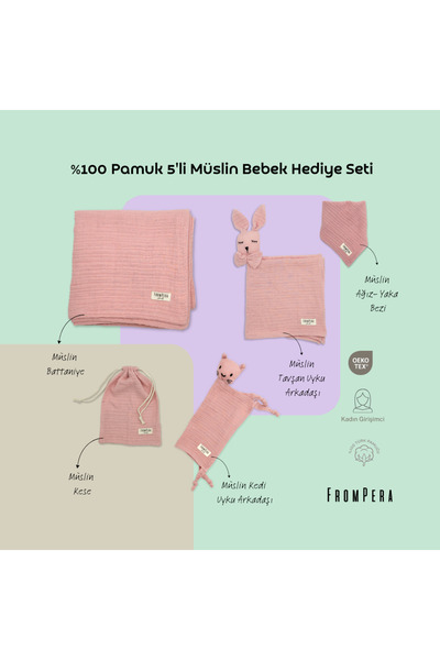 %100 Pamuk 5'li Müslin Bebek Hediye Seti | Yenidoğan Bebek Hediyesi | Oeko-Tex®